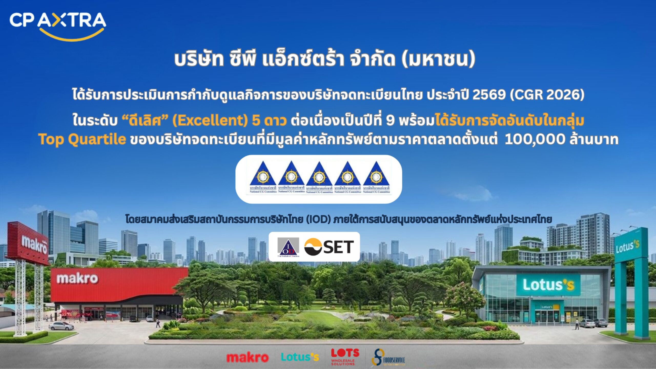 CP AXTRA ตอกย้ำองค์กรชั้นนำด้านธรรมาภิบาล คว้า CGR 5 ดาว  ระดับ “ดีเลิศ” ต่อเนื่องปีที่ 9 พร้อมติดกลุ่ม Top Quartile บริษัทที่มีคะแนนสูง